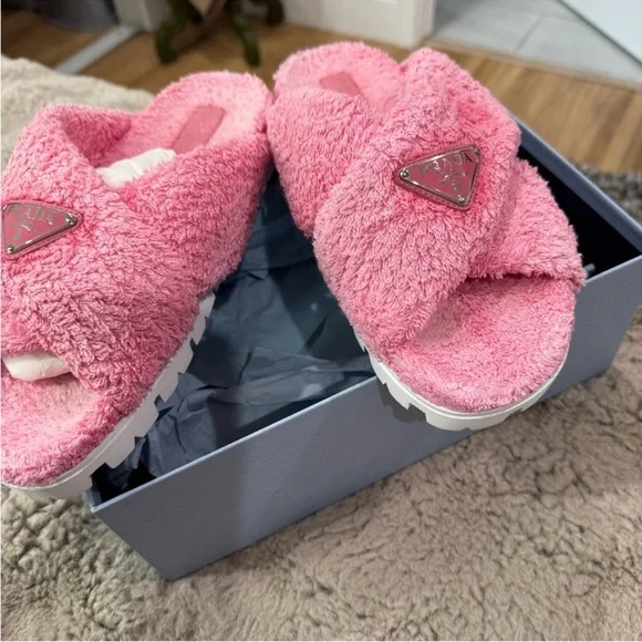 PRADA • pink terry cloth slides sandals - 39.5 - Picture 1 of 5